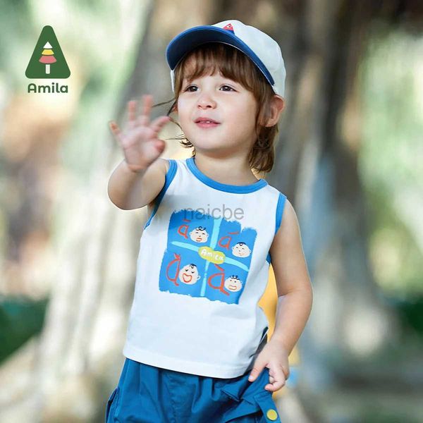 T-shirt amila baby gilet 2023 Summer Nuovo carino cinese Pinyin Stampato Maglietta senza maniche a maniche traspirabile Top Casual Boys Girls Girls 0-6Y 240410