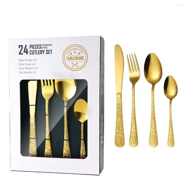 Set di stoviglie 24 pezzi Golden martellato di posate di posate set ultra affilato in acciaio inossidabile