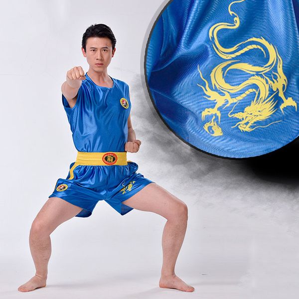 Unisex bruce lee wushu giyim kung fu üniforma sanda wu shu kıyafetleri dövüş sanatları set boks şortu işlemeli ejderha ile takım elbise