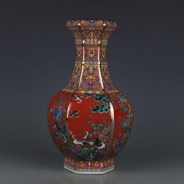 Qianlong Emaille Orange Blume und Vogel sechseckiger Vase Antique Jingdezhen Porzellan Home Chinesische Dekoration