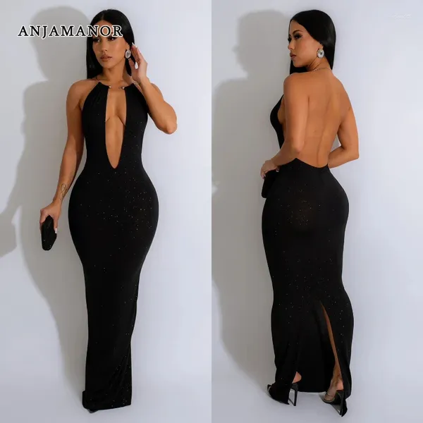 Vestidos casuais Anjamanor Deep V man sem mangas