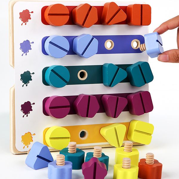 Kids Montessori parafuso Placa de madeira Toys de madeira Habilidades básicas Aprendendo a classificação de cor de cor Combinando o brinquedo cognitivo educacional