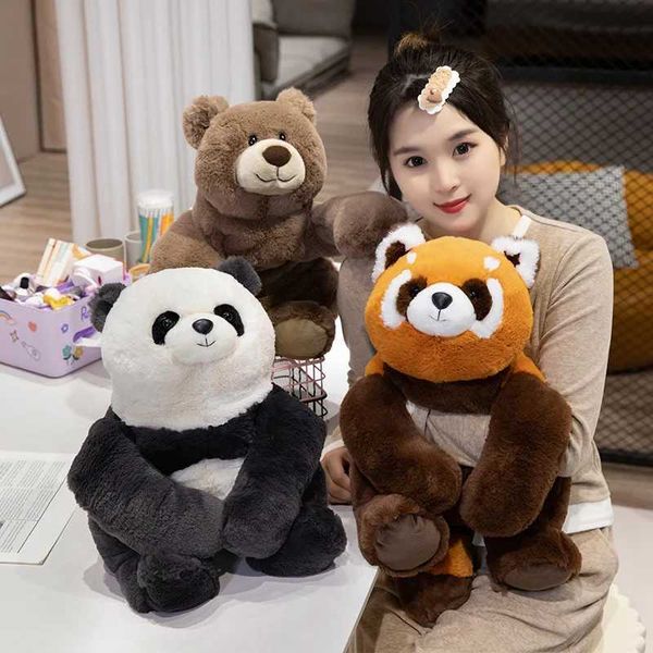 Dolls de pelúcia Novo confortável travesseiro de pelúcia de pelúcia macia e macia Urso de guaxinim vermelho de panda deitada em travesseiro de boneca de animal de pelúcia sala J240410