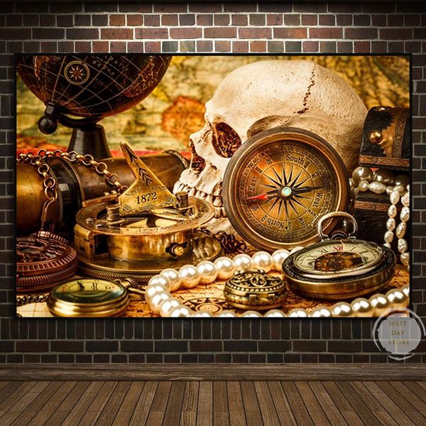 Light Light Luxury Compass Globe Sail Mapa Poster Golden Pearl and Skull Canvas Pintura Imagem Picture Living Wall Art Decor