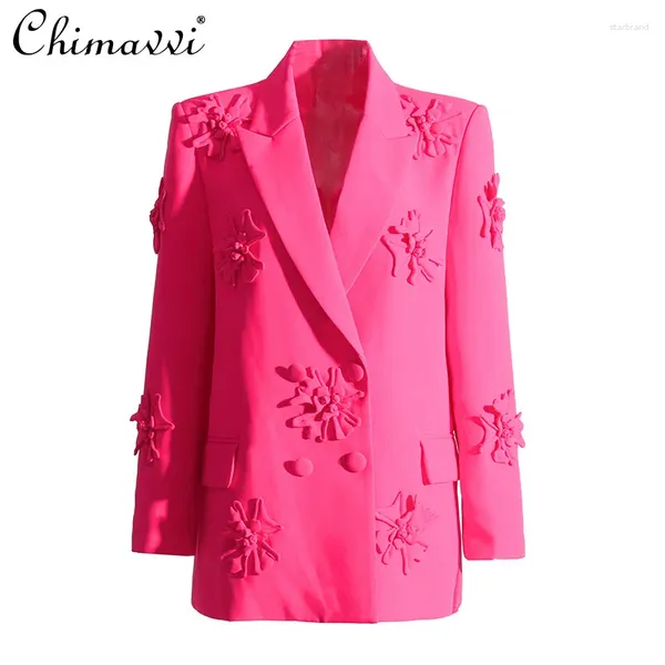 Frauenanzüge Modeanzug Jacke 2024 Frühling Herbst Polo Kragen schwere 3D Blumenblazer Mantel lose Langarmtemperamentobertope