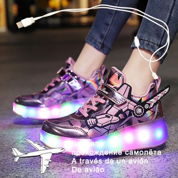 Sneakers 2020 Nuove carica USB LED BAMBINI CHIEDI SIGHTER SIGHTER CON DUE ROLLER SCARPE SCAPE RAGAZZA