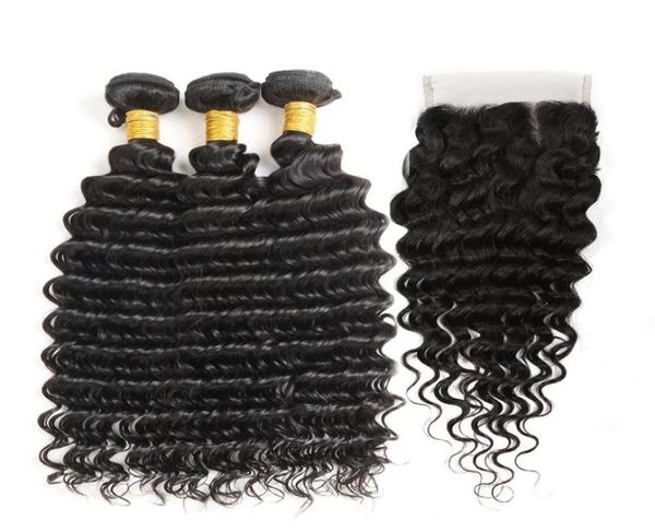 Lose Deep Wave Virgin Human Hair Extension Bündel mit 4x4 Spitzenverschluss natürliche Farbe Nass und welliges Gewebe Nerz Brasilianer lockiger Bun3486335