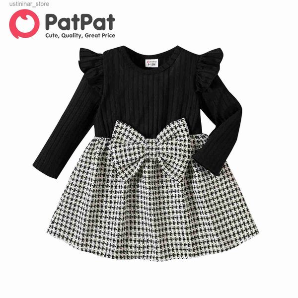 Mädchenkleider Kleid Kleid Baby Rüsche Langarmrippen-Strick-Spleiß Tweed Bow Frontkleid L47