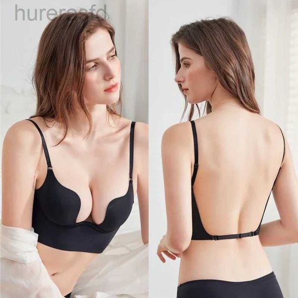 BRAS Push Up BH Rückenlose Frauen BHs Low geschnitten sexy Tunge Brassiere Open Rücken Hochzeit Unterwäsche unsichtbarer nahtloser Deep U Dessous 240410