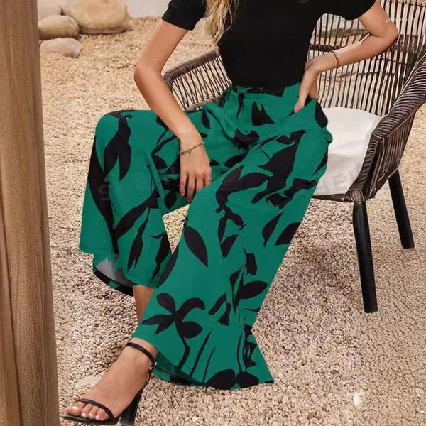 Frauenhose lässig Print Wide Leg Women Fashion Street High Taille Einfache Hose weiblich Boho locker alle passenden Schwarz