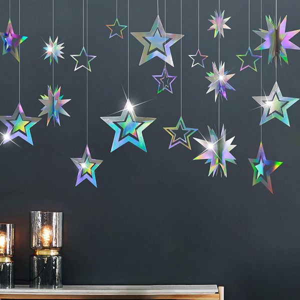 Banner iridescente Rainbow Twinkle Mirror Star Streamer Streamer Streamer per decorazioni per pareti per la festa di compleanno in argento congelato