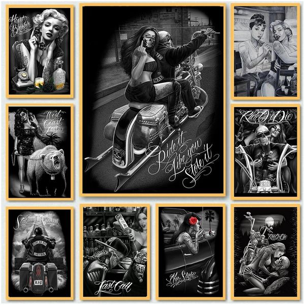 Art Deco Pintura em preto e branco Graffiti Tattoo Rider Chicano Cultura Motocicleta Pintura de parede Decoração Decoração Impressões