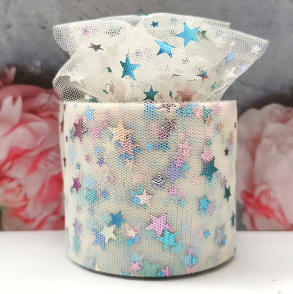 6cm 25yards Rainbow Star Mesh Fabric para Bolo Topper tutu pom law squine tulle tule diy casamento decoração de aniversário suprimento