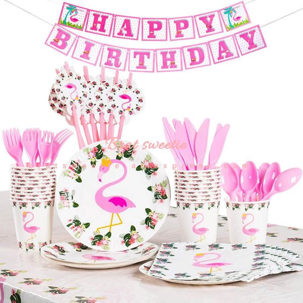 Balões de festa de flamingo Placas de papel Girl 1st Birthday Party Decorações Crianças Tropical Summer Hawaiian Party Tabelware Supplies