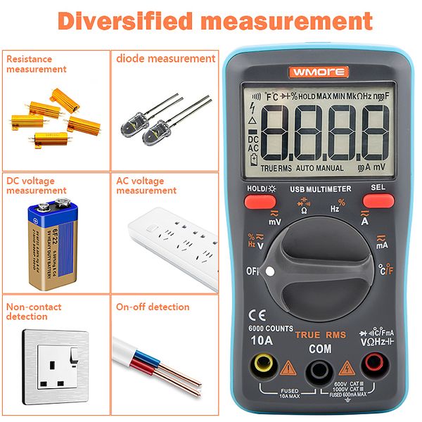 QHTITEC UM16 Display Digital LCD Display Auto Rang Ac/CC Tensione portatile Display Accurato Multimetro con tester di fili USB