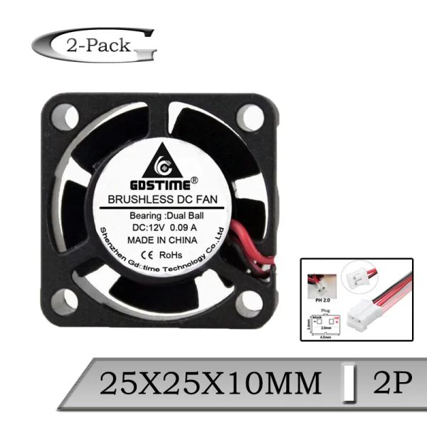 Resfriamento de 2 peças gdstime dc 12v 25mm 25x25x10mm 2,5cm 2pin rolamento duplo rolamento mini -pincel sem pincel fã de refrigerador