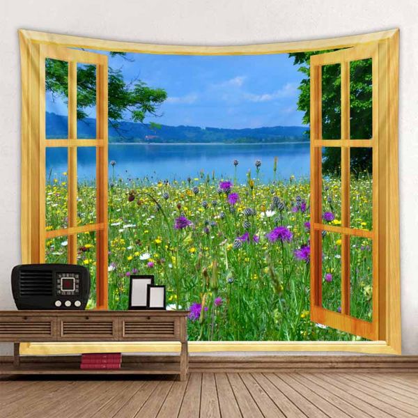 Finestra 3d Finestra da davanzale Stampa paesaggio Arazzo mandala decorazione per la casa muro artistico sospeso hippie boho camera decorazione della parete divano di divano coperta