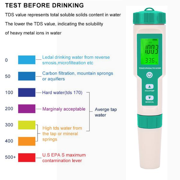 Monitor de qualidade da água Hidroponia/aquários/piscinas/água potável Medidor de pH digital 7 em 1 ph/tds/ec/orp/sg/salinidade/temp
