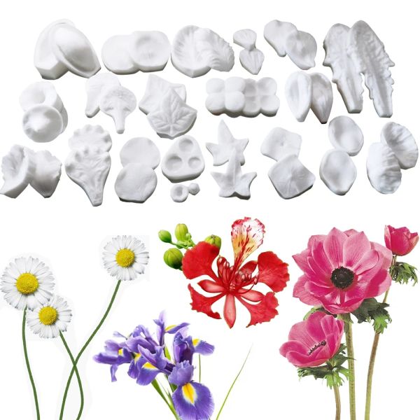 29 Estilos 3D Pétalas de flores Flores Silicone Fools Fondant Bolo Decorating Tools