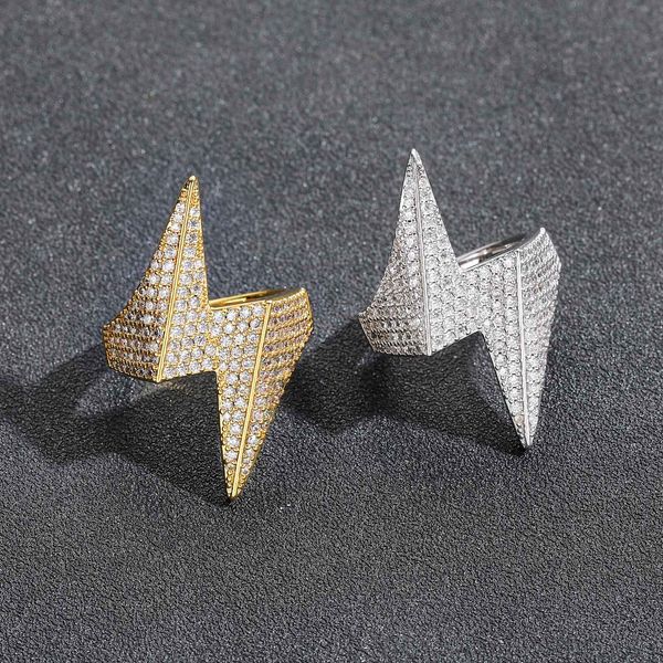 Hip hop topbling zircone pieno zircone 3d anello di fulmini 18k oro gioielli rap