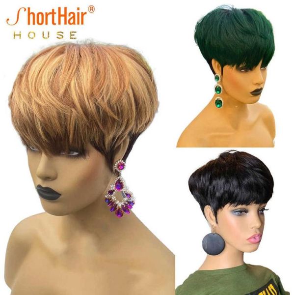 Moda Beauty Color Destaque Human Hair peruca pixie curto corte peruca para mulheres negras verde mel loira sem renda perucas S08263345241