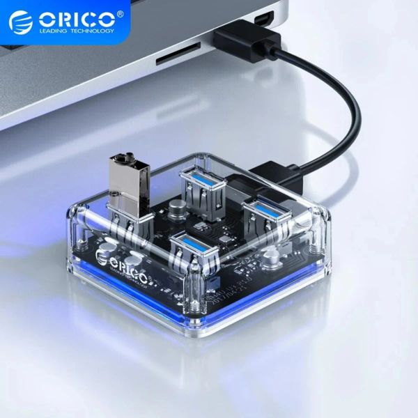 Hubs Orico Transparent Series USB Hub Multi 4 7 Port Hochgeschwindigkeits USB3.0 -Splitter mit Micro -USB -Leistungsanschluss für den Laptop -PC -OTG -Adapter