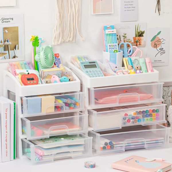 Nette mehrstöckige Schubladen Desktop Organizer Desk Storage Box kostenlos Aufkleberschule Büro Schreibweichung Kosmetische Heimspeicherbox