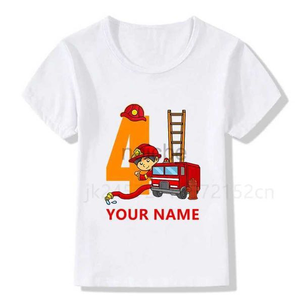Camisetas meninos/meninas Nome legal caminhão de bombeiro Números de aniversário T-shirt crianças meninos Feliz aniversário camiseta branca camiseta bebê 240410