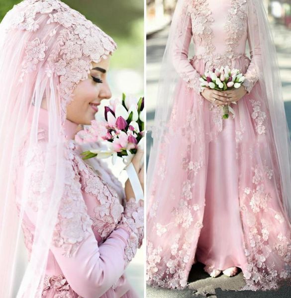 Abiti da sposa musulmani rosa perlati abiti da sposa 2021 a maniche lunghe al collo alto 3d in pizzo floreale Dubai arabo senza hijab sposa 6626464