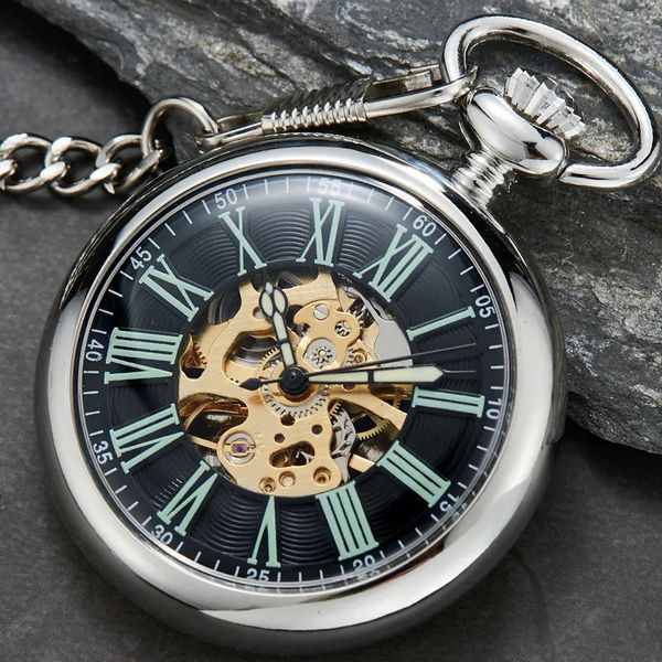 Antike glatte Sier -Skelett transparente mechanische Taschenuhr für Männer FOB Kette Handwickel Reloj de Bolsillo 240327