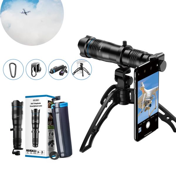 Lente Apexel HD Zoom Lens TelefotO Série 28x 36x 60x Telescópio monocular de montanhismo de telefone 60x Lens de telescópio+mini Selfietripod para smartphone