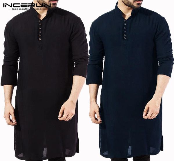 Incerun Casual Men Shirt Algodão de manga comprida colarinho vintage Solid Stitched Tops longos Indian Kurta Terno Pakistani Camisa 5xl3380216