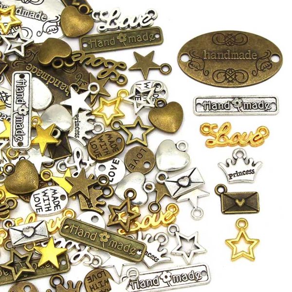 50pcs handgefertigte Etiketten Vintage Metall -Tags handgefertigte Sternkronen -Love -Legierung Label Silber Bronze Charme Anhänger Handgefertigt mit Liebe