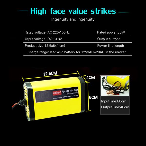Carregador de bateria de motocicletas de carro 12v 2A Automático completo 3 estágios de chumbo ácido AGM Gel Intelligent LCD Display Car
