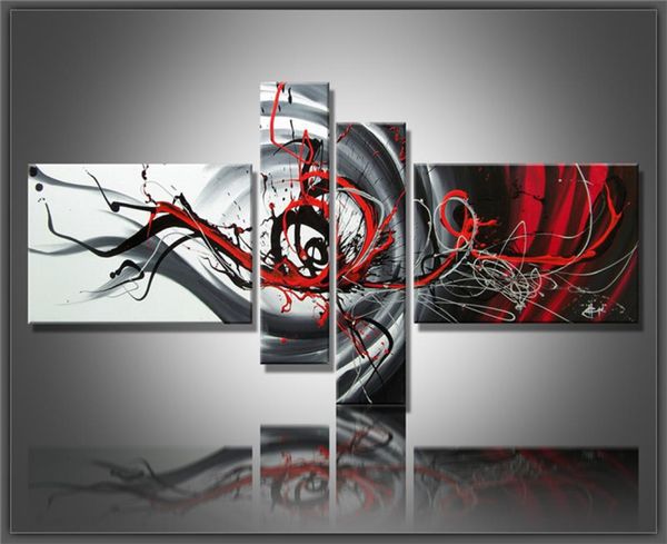 Çok Parçalı Kombinasyon 4 PCSSET Tuval Sanat Soyut Yağlı Yağlı Boya Siyah Beyaz ve Kırmızı Duvar Dekoru El boyalı resimler Ev Dekor5488093
