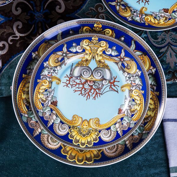 Роскошные голубые океанские кости в Китай тарелки западные клубы Высокомасштабное сердце морского керамического посуды Декоративная тарелка