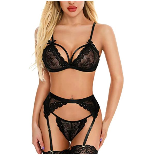 S-3xl Brã erótico quente + Thongs Garters Set Plus Size Women Women Lingerie Sex Rouphe Set pornô Trajes de sexo transparente Babydoll