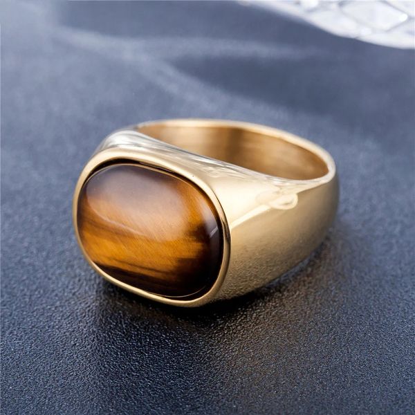Pedras marrons de olho retro do tigre de cor de ouro anéis para homens clássicos clássicos elegantes simples anel de anel de aço inoxidável Jóias de jóias 240322