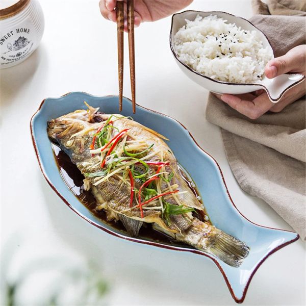 Sushi Plate Set Fischplatte kreativer Keramikschale Japanische Mahlzeitplatte neuer Hausstil gedämpfter Fischplatte Nordisches Tischplatte