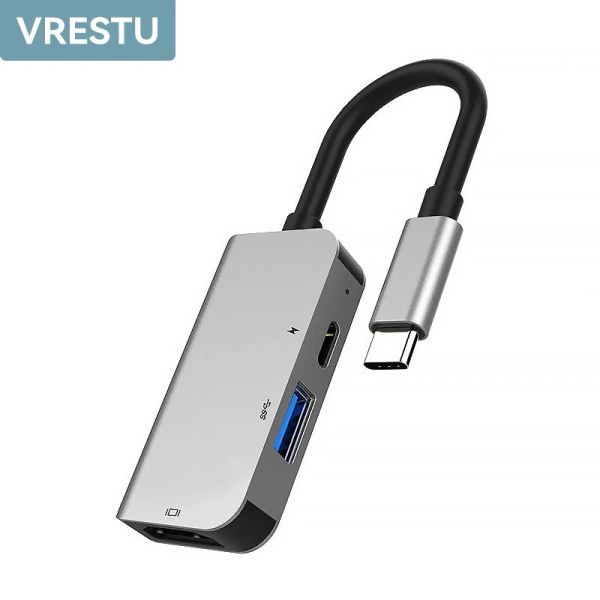 Hubs 3 em 1 USB Tipo C para USB Conversor de alumínio HDMicompatible Liglo de alumínio 4K HD Video PD Charger Dock Station para laptop MacBook Pro