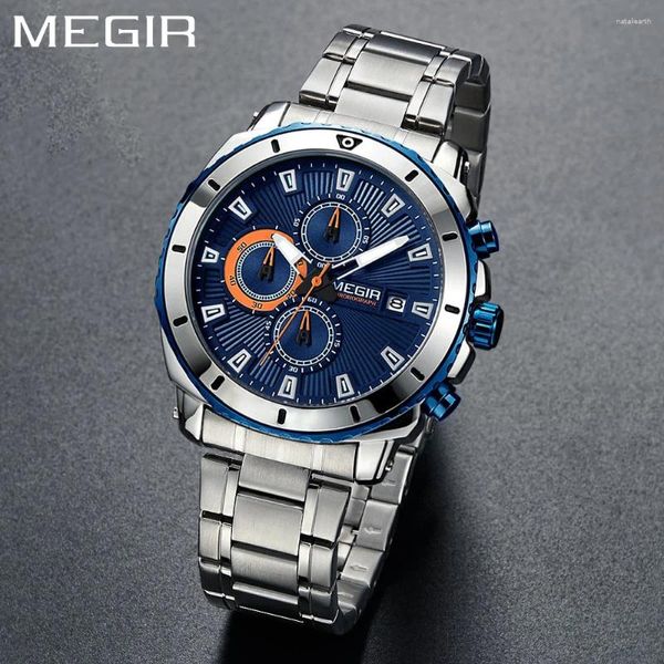 Armbanduhr Megir Blue Dial Chronograph Sport Quarz Uhren für Männer modische Edelstahl analog männliche männliche leuchtende Hände