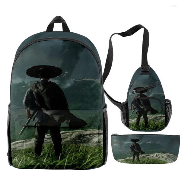 Backpack Cartoon Novelty Ghost Cool Ghost of Tsushima Game 3D Imprimir 3pcs/set pupil School School School Laptop Saco de lápis Case lápis