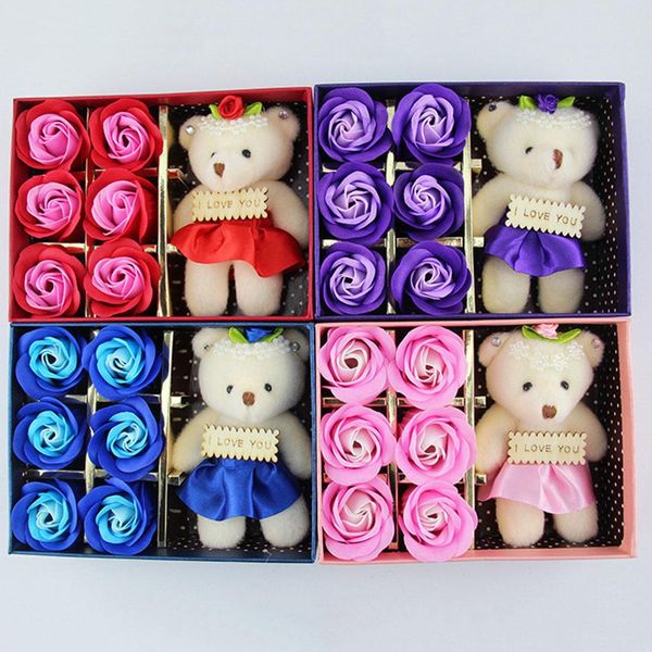 6pcs Soap Flower Gift Box Letal Body Body Свадебная вечеринка милая красная розовая медвежь
