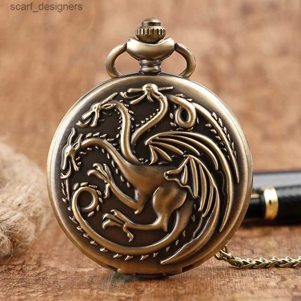 Orologi tascabili Dragon Dragon Quarzo Pocket Vintage Vintage Fire Monster Necklace Vintage Antique Y240410