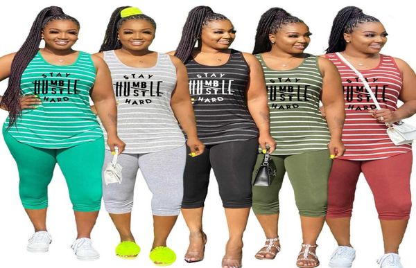 Sommer Frauen plus Größe zwei Stücke Hosen Outfits Mode sexy gestreifte Buchstaben gedruckte ärmellose Weste Leggings Ladies Casual Jogger 4111360