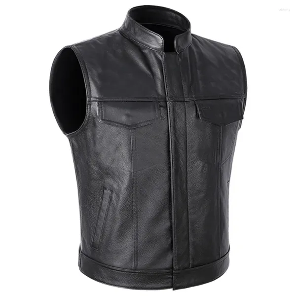 Coletes masculinos de moda confortável bikers de colete Botão de colete casual couro falso de bolso de bolso de tamanho grande sem mangas colar