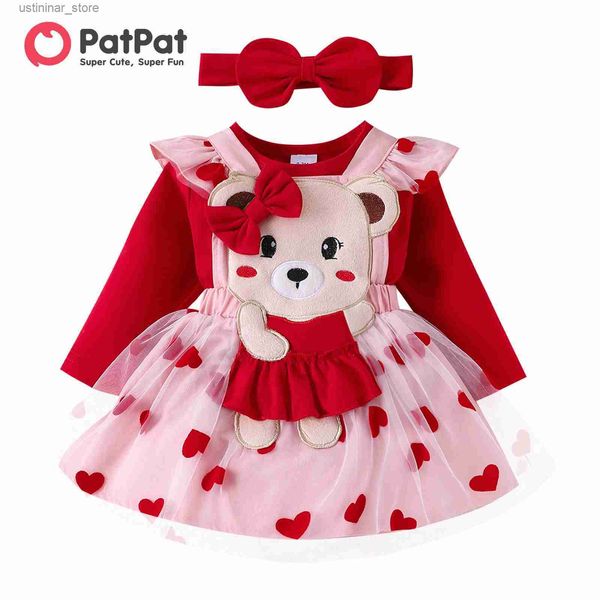 Vestidos de menina 3pcs menina menina doce urso remendo bordado coração 3d luta longa Conjunto de vestido L47