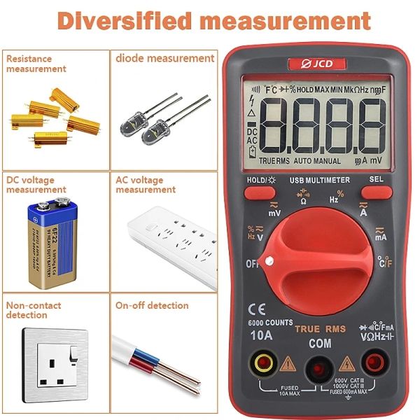 JCD UM16 Digital Multitimetro Volt Meter Auto Ranging TRMS 6000 Conte Misura Tester di tensione di temperatura con retroilluminazione portatile