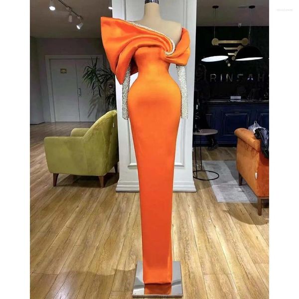 Partykleider echtes Bild Luxus orangefarbenes Abendkleid formelle Langarmboot -Hals -Pailletten -Satin -Abschlussball Spezial elegantes Frauenkleid