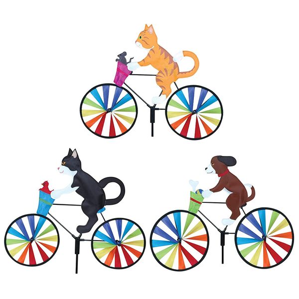 Sıcak satış sevimli 3d hayvan kedi ve köpek üzerinde bisiklet yel değirmeni rüzgar spinner whirligig bahçe çim bahçe dekor damla nakliye
